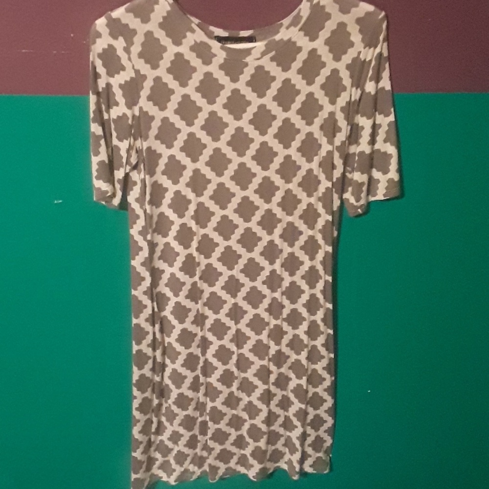 Gray and white patterned dress.